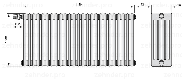 Схема (чертеж) Радиатор Zehnder Charleston 6100/25 №V012 Белый глянцевый RAL 9016